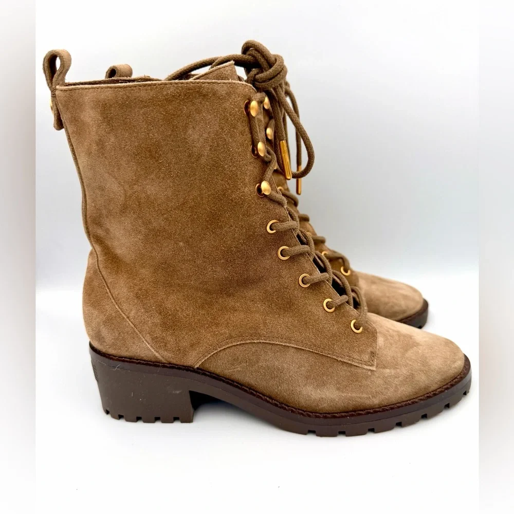 Tory Burch Suede Mid-Calf Combat Boots-Brown